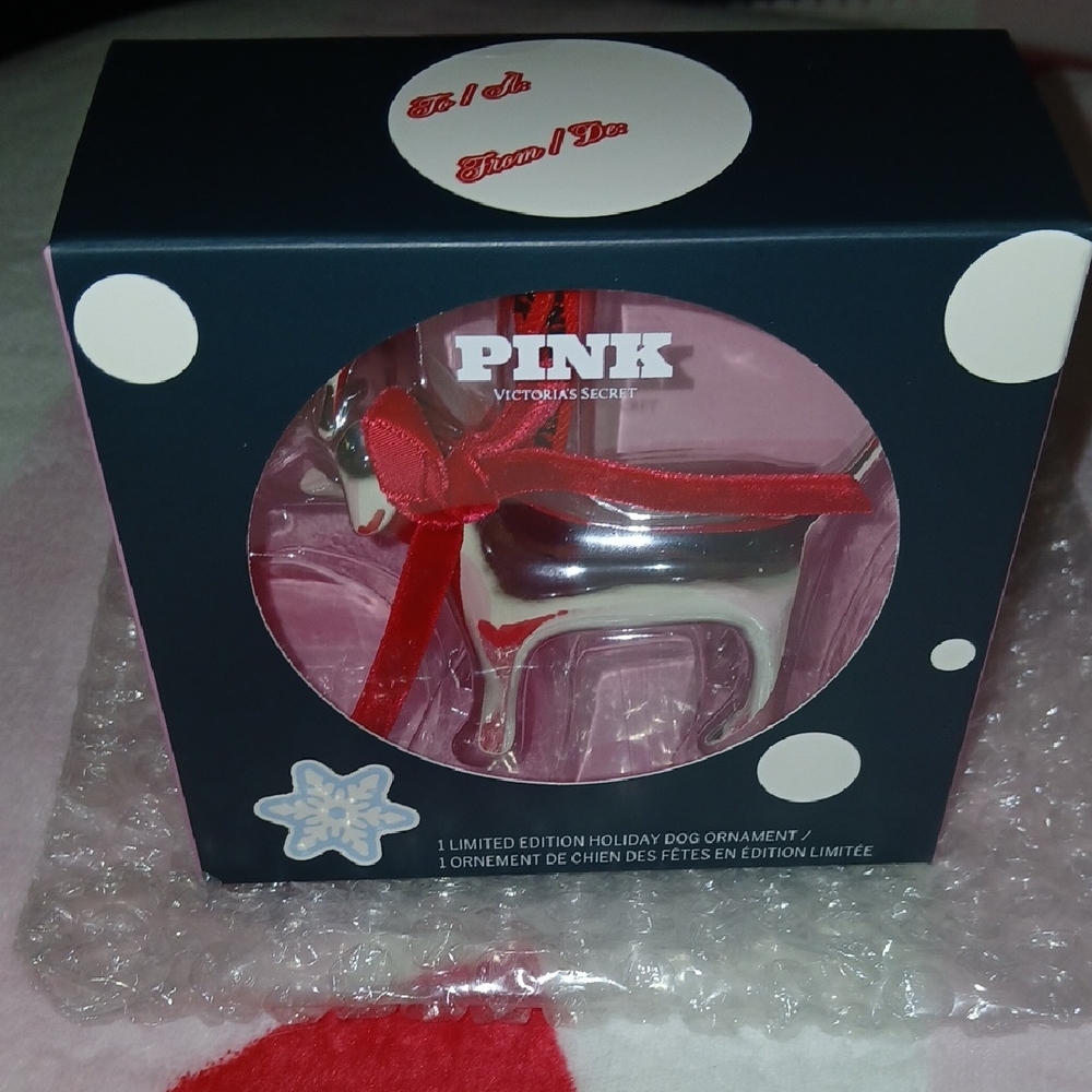 PINK Victoria's Secret Holiday Dog Ornament - Silver and Red